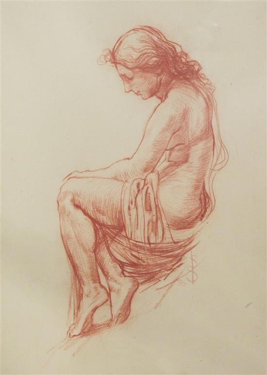 Attributed to Simeon Solomon (1840-1905) Seated female nude, 15 x 11.5in.